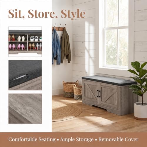 HOMSHO Farmhouse Shoe Storage Bench with 2 Barn Doors & Padded Seat Cushion