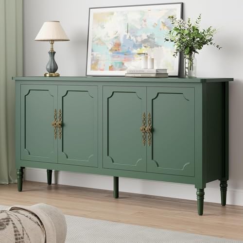 RoyalCraft Buffet Cabinet with Storage, 59" Vintage Sideboard with Adjustable Shelves, Mid Century Modern Painted Credenza Coffee Bar for Kitchen, Dining Room, Entryway, Living Room, Forest Green