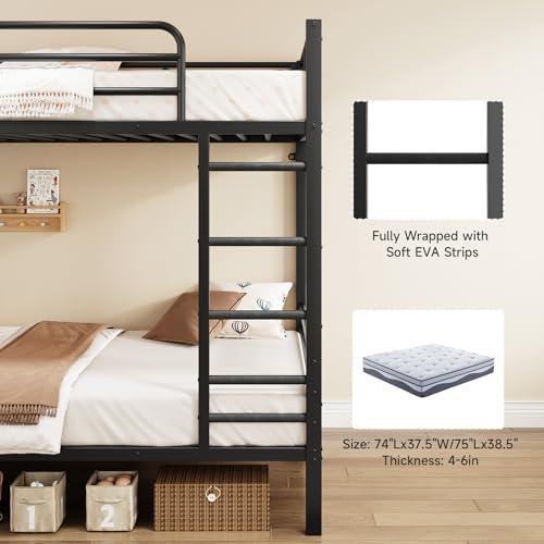 ONBRILL Bunk Bed Twin Over Twin, Metal Bunk Beds with Desk & Outlet, Black