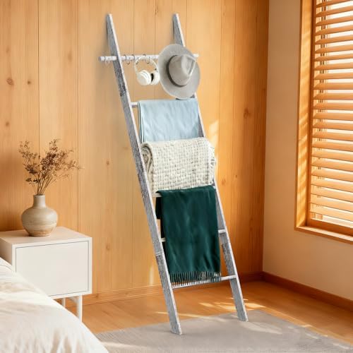 Farmhouse Wooden Blanket Ladder Living Room White 6-Tier