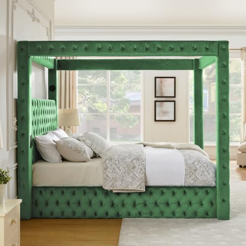 LUMISOL Canopy Bed Frame Queen Size, Velvet Upholstered Platform Bed with Button Tufted Headboard, Four Posters, Built-in Speaker and Charging Station, Heavy Duty Mattress Foundation, Green