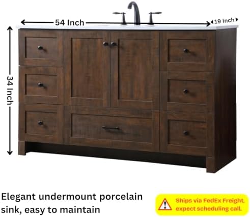 54" Pre-Assembled Bathroom Vanity with Sink, Engineered Wood, Ivory White Engineered Marble Countertop Attached, Single Rectangle Porcelain Sink, 7 Soft-Close Drawers, Expresso