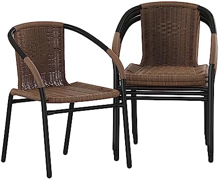 Flash Furniture Lila Modern Rattan Indoor/Outdoor Stackable Dining Chairs, Stacking Rattan Bistro Chairs for Patio or Restaurant, Set of 4, Brown