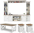 AMERLIFE 4 Pieces Living Room Table Sets, 98" Farmhouse Wall Unit TV Stand with Bookshelves & Wine Cabinet, Coffee Table & 2 End Tables with Charging Station and USB Ports, Living Room, Barnwood+White