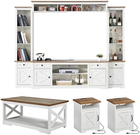 AMERLIFE 4 Pieces Living Room Table Sets, 98" Farmhouse Wall Unit TV Stand with Bookshelves & Wine Cabinet, Coffee Table & 2 End Tables with Charging Station and USB Ports, Living Room, Barnwood+White
