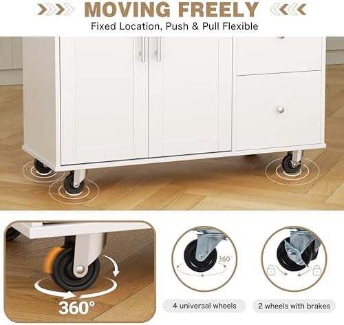 Shintenchi Kitchen Island with Folding Drop Leaf, Rolling Island Table with Storage, Kitchen Cabinet on Wheels with Seating Area for Kitchen, Bar Cart with Cabinet, White
