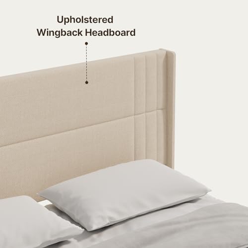Gizoon King Bed Frame with Wingback Headboard, Upholstered Platform Bed
