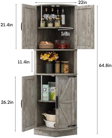 Vabches 64.8" Tall Farmhouse Corner Cabinet with 4 Doors and 5 Storage Shelves, Farmhouse Storage Cabinet with Barn Door Design, Home Space Saver for Living Room, Kitchen, Laundry Room,Grey