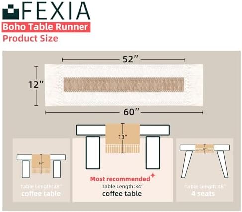FEXIA Boho Table Runner for Fall Home Decor 12x60 Rustic with Tassels