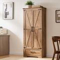 JXQTLINGMU Farmhouse Kitchen Pantry Cabinet - 72" Tall Wood Kitchen Storage Cabinets with Adjustable Shelves & 2 Barn Doors & Drawer, Versatile Storage for Dining Room, Bathroom, Light Walnut