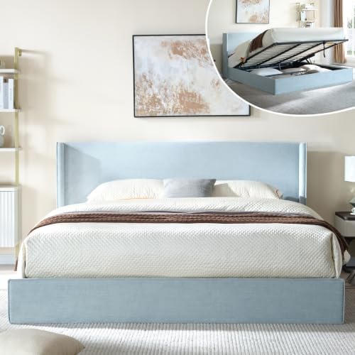 King Lift Up Storage Bed, Corduroy Platform Bed with Headboard, Light Blue