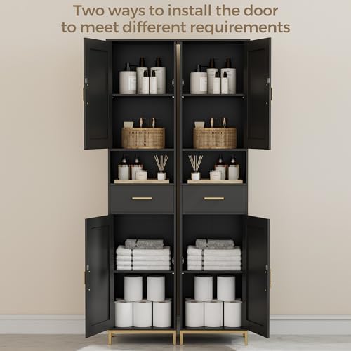 Homhedy 67" H Bathroom Storage Cabinet, Tall Bathroom Cabinet, Black | Narrow Cabinet with Doors and Drawer, Adjustable Shelves, Floor Cabinet for Bathroom, Living Room, Kitchen, Dining Room