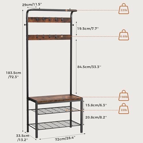 NEWBULIG Coat Rack, Hall Tree with Shoe Bench, 4-in-1 Entryway Organizer with 10 Hooks and Storage Shelf, Rustic Wood Entryway Bench for Mudroom, Living Room, Bedroom, Brown