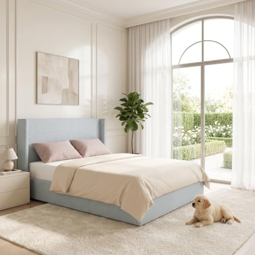Queen Lift Up Storage Bed, Corduroy Platform Bed with Headboard, Light Blue