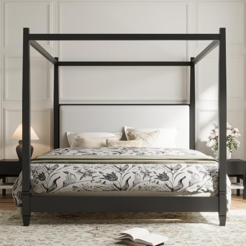 King Size Wood Canopy Bed Frame, Black Vintage Four-Posters Platform Bed