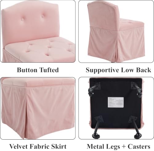 Pink Velvet Makeup Vanity Chair with Back & Wheels