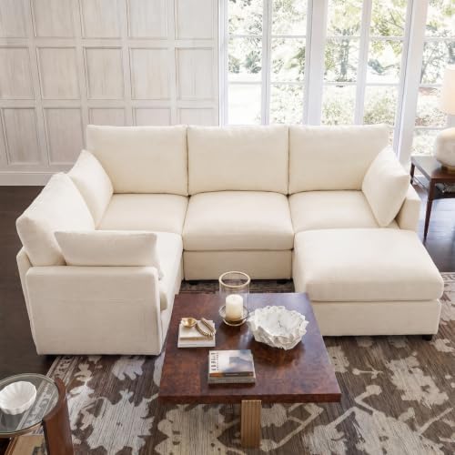 Iroomy Modular Sectional Loveseat Couch for Living Room, Modern Chenille Sofa with Ottoman, 5 Seat, Beige
