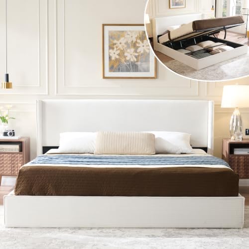 King Lift Up Storage Bed, Corduroy Platform Bed with Headboard, Cream
