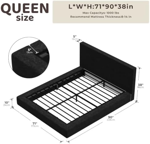 RECCI AirFrame Queen Upholstered Bed Frame with Plush Padded Headboard