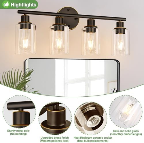4-Light Bathroom Light Fixtures, Brown and Gold Modern Vanity Lights Over Mirror with Clear Glass Shade, Bathroom Wall Lamp for Mirror Kitchen Living Room Hallway Cabinet Porch Bedroom Reading room
