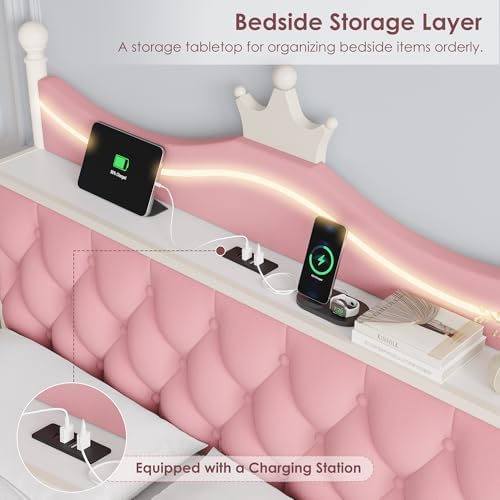 Keyluv Full Size Upholstered LED Canopy Bed Frame with Charging Station and Drawer, Button Tufted Crown Headboard with Storage Shelf, Two-Purpose Removable Four Poster Design Platform Bed, Pink