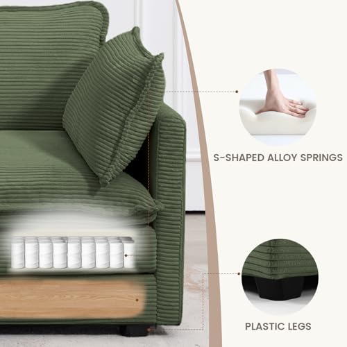 ROWHY 78'' Sectional 2 Seat Cloud Loveseat with 2 Throw Pillows, Modern Corduroy Love Seat, Cozy Sofa for Living Room, Office and Bedroom,Green