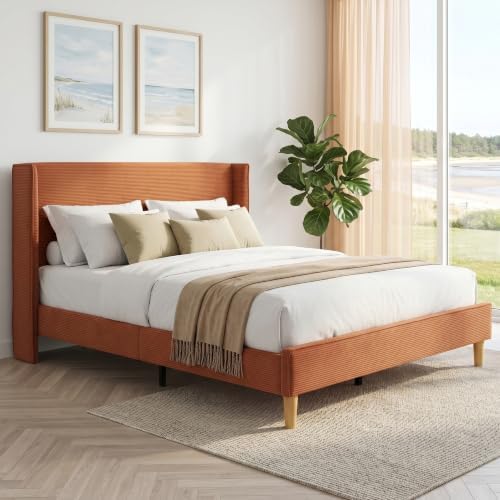 Queen Corduroy Upholstered Platform Bed with Headboard Wingback, Ocher