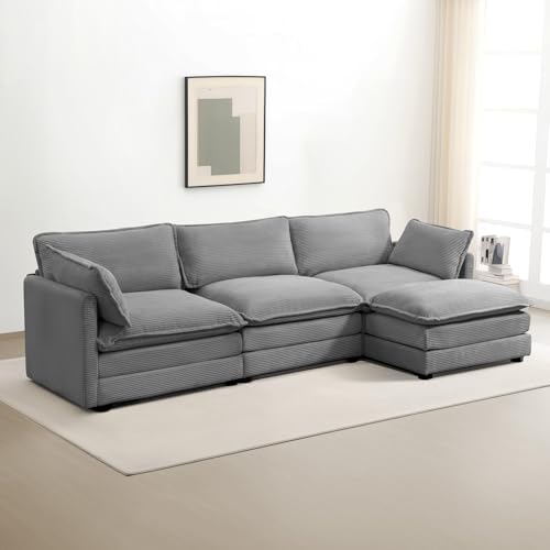 ROWHY 112'' Modular Sectional Cloud Couch with Movable Ottoman, 4 Seat Modern Corduroy Sofa, Deep Seat L Shaped Couch for Living Room Bedroom Apartment,Dark Grey