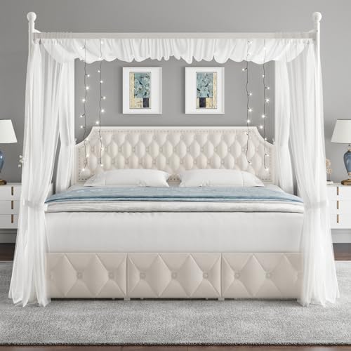 Keyluv King Upholstered Canopy Bed Frame with 3 Storage Drawers & Button Tufted Headboard, Metal Platform Bed with 4 Removable Posts, Two-Purpose Velvet Bed, Beige/Curtain Not Included