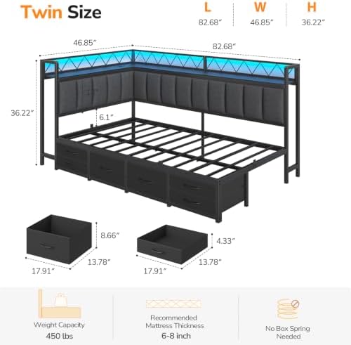 Twin Corner Bed Frame with Storage Shelves, 6 Drawers and Charging Station