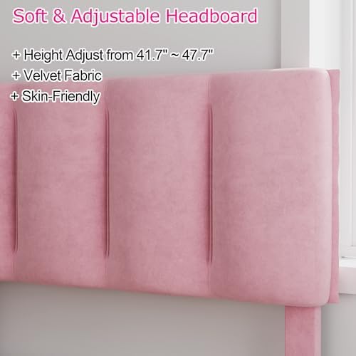 VECELO Twin Size Bed Frame with Storage Drawer, Heavy-Duty Bedframe with Tufted Headboard & Wooden Slats & Steel Framework, No Box Spring Needed, Pink