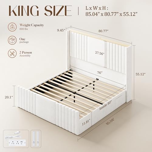 55" Tall King Size Platform Bed Frame with 2 Reading Lights, Cream