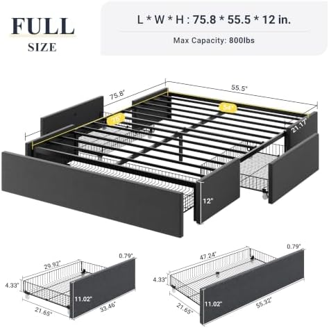 Allewie Full Size Platform Storage Bed Frame with 3 Drawers, Dark Grey