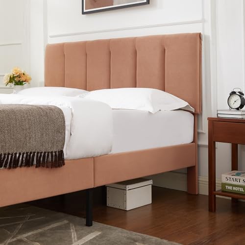 VECELO Full Size Bed Frame with Upholstered Headboard, Coffee