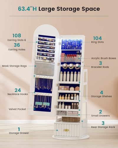 Vlsrka Arched LED Mirror Jewelry Cabinet with Full Length Mirror, White | Lockable Jewelry Armoire Cabinet, 360° Swivel Jewelry Organizer with Drawer Storage, Foldable Makeup Shelf, 2 Rear Hooks