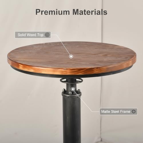 LOKKHAN Industrial Bar Table 38.6"-48.4" Height Adjustable Swivel Round Wood Tabletop 23.7" Dia, Kitchen Dining Office Coffee Bistro Pub Table