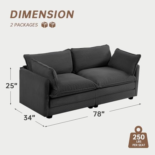 ROWHY 78'' Sectional 2 Seat Cloud Loveseat with 2 Throw Pillows, Modern Corduroy Love Seat, Cozy Sofa for Living Room, Office and Bedroom,Dark Grey