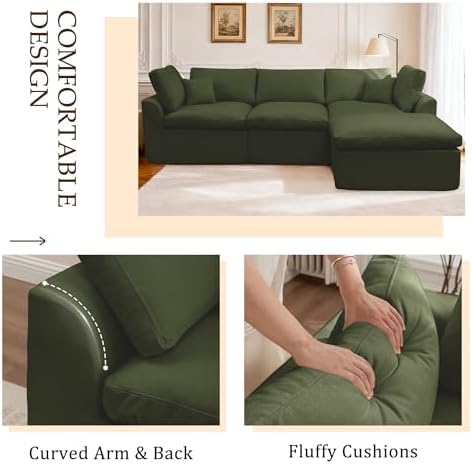 Korser 110" Cloud Boneless Couches for Living Room, Modern Modular Sectional Sofa with Ottoman, Sectional Cloud Couch with Comfy Deep Seats, Fluffy Chenille L-Shape Sofa Couch for Living Room, Green