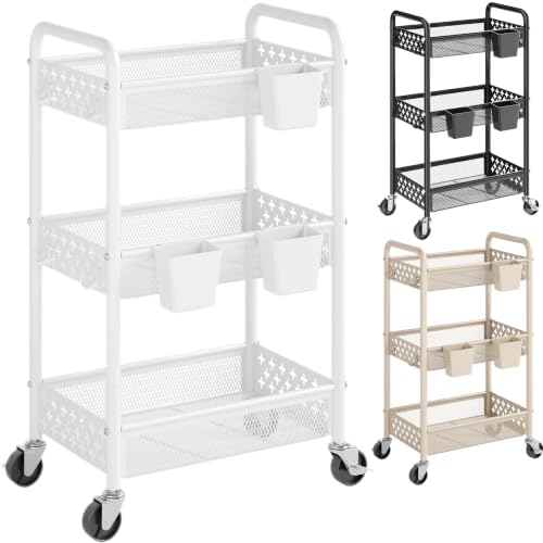 3 Tier Rolling Storage Cart Organizer, Metal Rolling Utility Carts on Wheels, White Art Cart with Hanging Cups and Hooks, Three Tiered Roller Trolley for Cleaning Supplies, Diaper Caddy, Craft, Nail