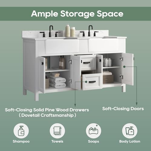 60 Inch Bathroom Vanity with Double Sink, Solid Wood, White | Farmhouse Pre Assembled Vanity Bathroom with Soft Closing Doors, Vanity for Bathroom, Apron Farm Sink