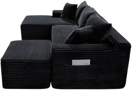 106-Inch Oversized U-Shaped Left Facing Corner Compressed Sofa Modular Boneless Cloud Sectional Sofa Floor Foam Couch W/Chaise & Ottoman, Corduroy Corner Boneless Cloud Couch