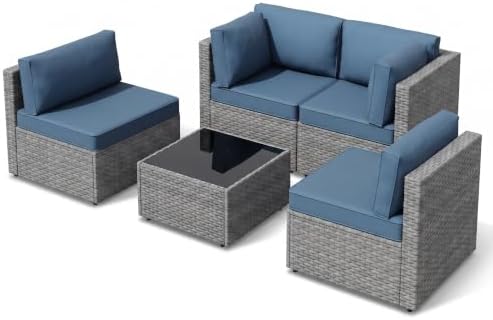 SUNLEI 5 Piece Patio Furniture Sets, Low Back All-Weather Rattan Sectional Sofa with Tea Table&Washable Couch Cushions, Patio Furniture Sets, Silver Rattan (Aegean Blue)