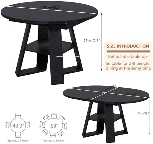 43.3"-59" Extendable Round Oval Dining Table for 4-8 with Storage Shelf