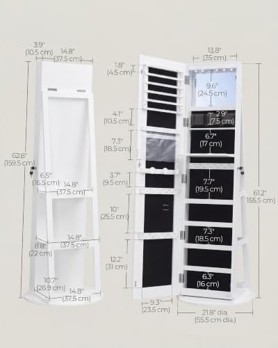 SONGMICS HOME LED Standing Jewelry Armoire, Vanity Mirror with Storage | Full Length Mirror with Lights, Lockable Large Jewelry Box, Space-Saving Jewelry Organizer, Gift Idea, White UJJC008W01SH