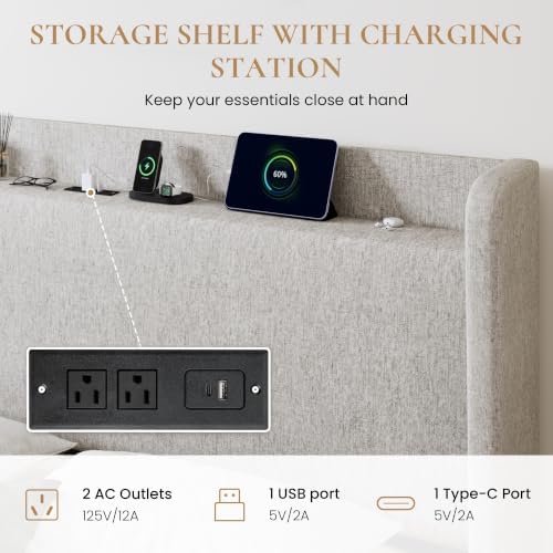 SHA CERLIN Queen Size Storage Bed Frame with 4 Oversized Drawers, Modern Wingback Headboard with Storage Shelf & Charging Station, No Box Spring Needed, Easy Assembly, Light Beige