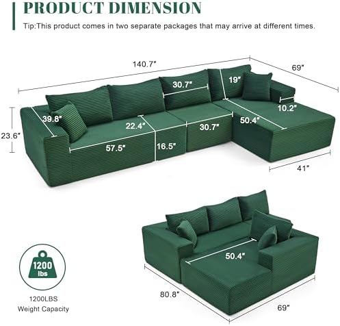 Mangodan 140” Cloud Sectional Couch, Boneless Sofa for Living Room, Modular Sectional Sofa with Deep Seat, Comfy Fluffy L-Shaped Couch with Right-Facing Chaise, No Assembly Required, Green