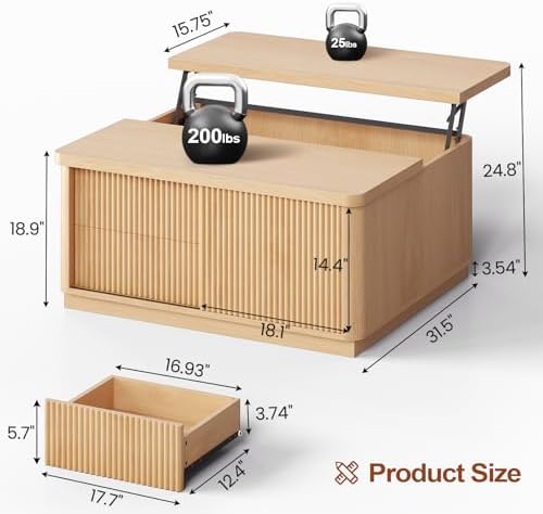 Itaar 39.4'' Lift Top Coffee Table with Storage, Fluted Coffee Tables for Living Room, Square Coffee Table with Large Hidden Compartment & 2 Drawrs & Adjustables Shelves, Oak
