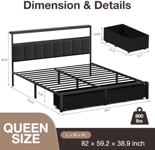 Queen Bed Frame with 2 Storage Drawers, Grey Upholstered
