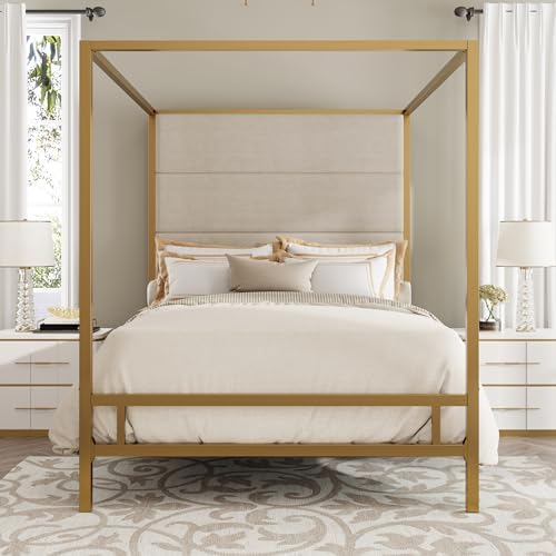 LUMISOL Queen Size Canopy Bed with Tall Headboard, Linen Upholstered Metal 4-Poster Platform Bed, Gold Canopy Bed Frame Queen, Box Spring Needed, Easy Assembly, Gold Tan