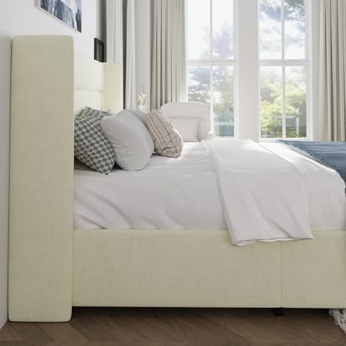 SHA CERLIN Queen Size Chenille Lift Up Hydraulic Storage Bed Frame Cream